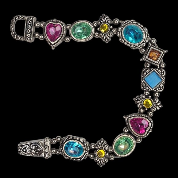 VTG Silvertone Colorful Faux Gemstone Ornate‎ Charm Bracelet Magnetic Clasp 7.5" - Picture 1 of 16